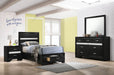 Miranda 4-piece black twin bedroom furniture set by CoasterEveryday, includes bed frame, dresser, and nightstands in a sleek design.