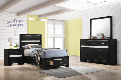 Miranda 4-piece black twin bedroom furniture set by CoasterEveryday, includes bed frame, dresser, and nightstands in a sleek design.