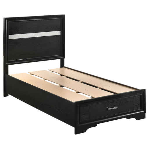 Black Miranda 51-inch wood twin storage panel bed by CoasterEveryday, featuring a sleek design and built-in storage drawers.