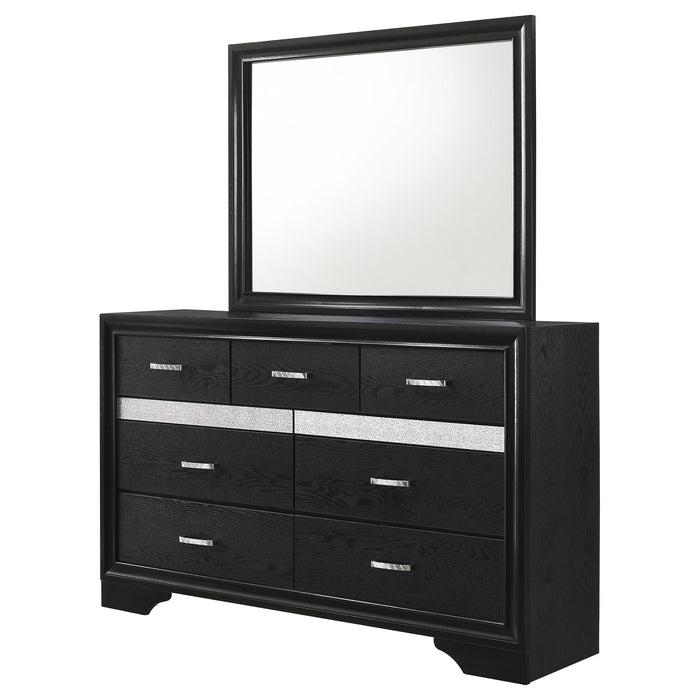 Miranda 9-drawer black dresser with attached mirror, modern furniture piece with sleek handles and smooth finish.