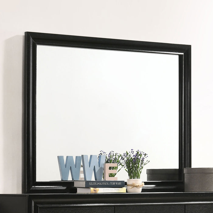 CoasterEveryday Miranda black dresser mirror with sleek rectangular frame, mounted on a furniture dresser for elegant bedroom decor.