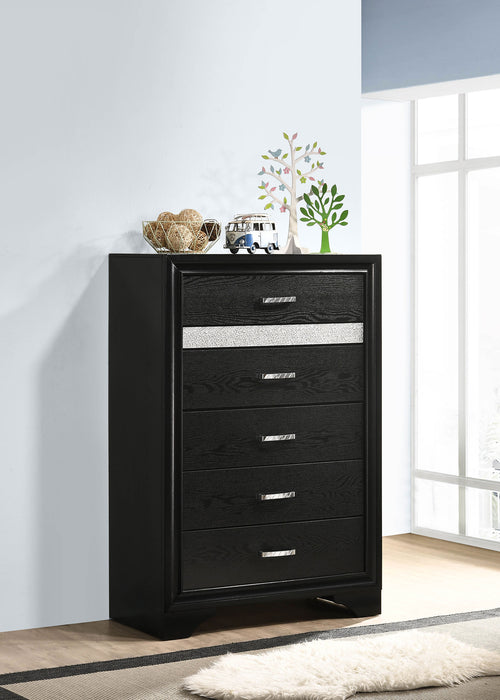 Black Miranda 6-drawer bedroom chest by CoasterEveryday, showing a sleek modern furniture piece with six spacious drawers.