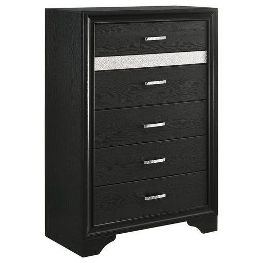 CoasterEveryday Miranda black 6-drawer bedroom chest furniture with sleek finish and modern design, featuring multiple spacious drawers.