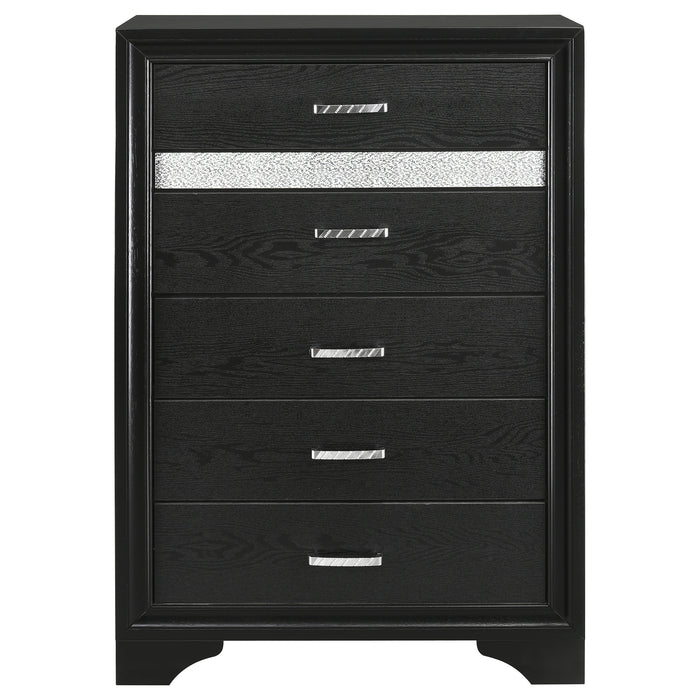 Black Miranda 6-drawer bedroom chest by CoasterEveryday, showing a modern furniture piece with six spacious drawers and sleek design.