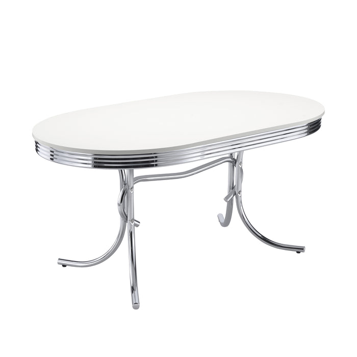 CoasterEveryday 5-piece oval dining table set with white tabletop and red legs, including matching chairs, modern furniture design.