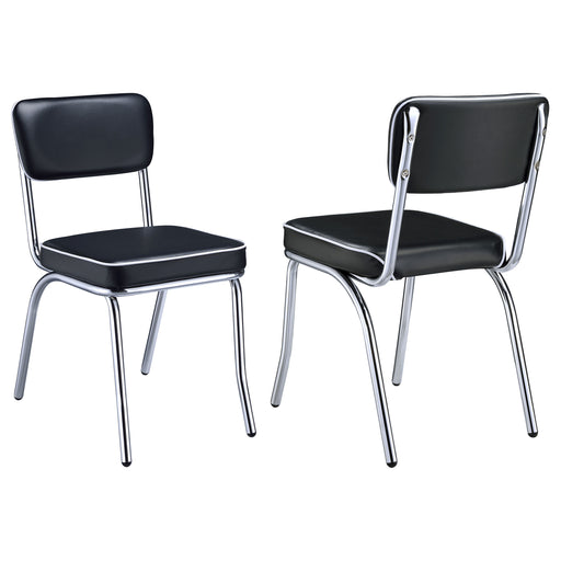 Set of two black upholstered dining side chairs with retro design and wooden legs, ideal for kitchen or dining room decor.