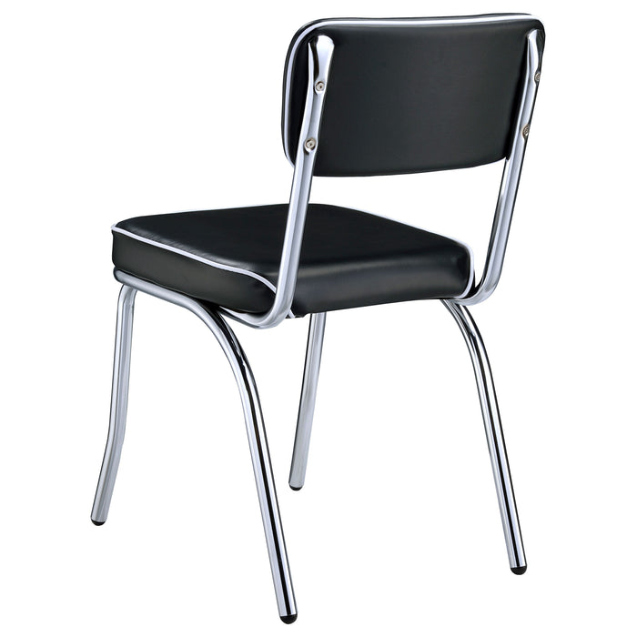Set of two black retro upholstered dining side chairs by CoasterEveryday with padded seats and curved wooden legs.