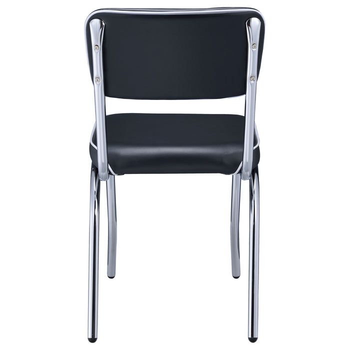 Set of two black retro upholstered dining side chairs with wooden legs, stylish and comfortable for modern dining spaces.