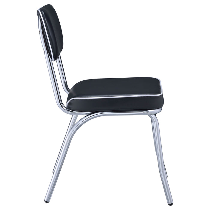 Set of two black retro upholstered dining side chairs by CoasterEveryday, with cushioned seats and wooden legs for stylish comfort.