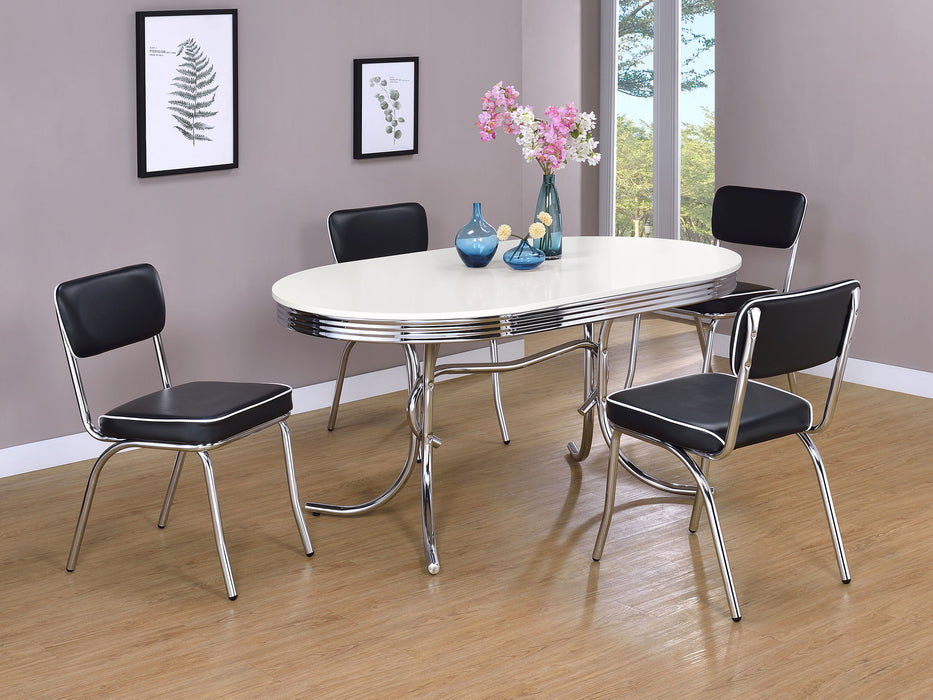Set of two black retro upholstered dining side chairs by CoasterEveryday, featuring cushioned seats and sleek wooden legs.