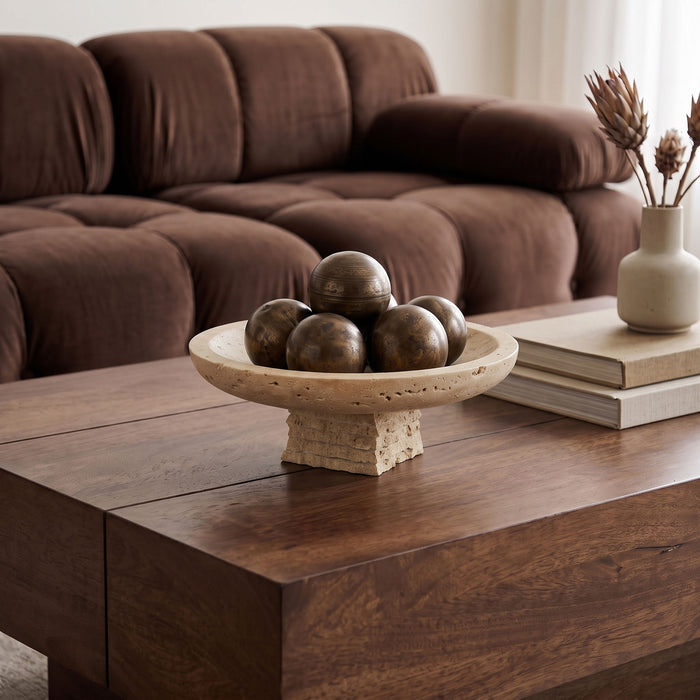 Genuine travertine bowl from Meridian Furniture's Colannade collection, showcasing natural stone texture and craftsmanship.