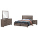 CoasterEveryday Brantford 4-piece Eastern King bedroom set with barrel oak finish, includes bed frame, dresser, mirror, and nightstands.