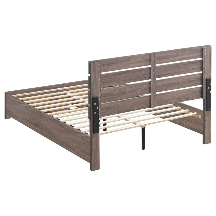 CoasterEveryday Brantford 4-piece Eastern King bedroom set in Barrel Oak wood with a bed, nightstands, and dresser visible.
