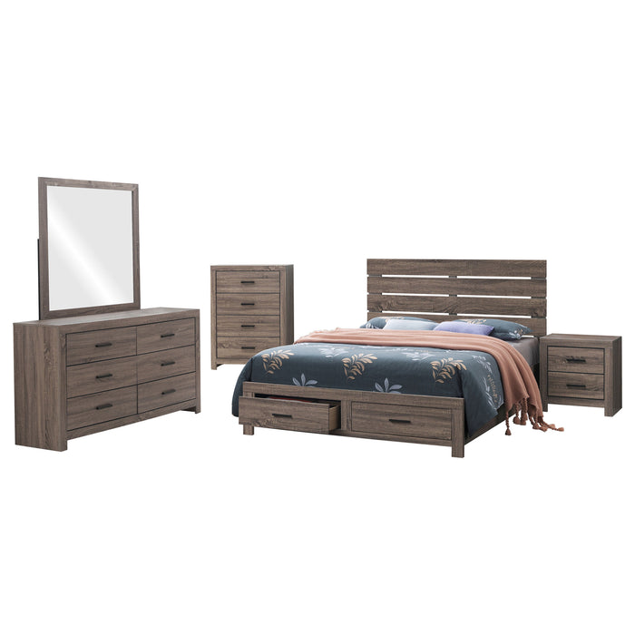 CoasterEveryday Brantford 5-piece Eastern King bedroom set with barrel oak finish, including bed frame, nightstands, and dressers.