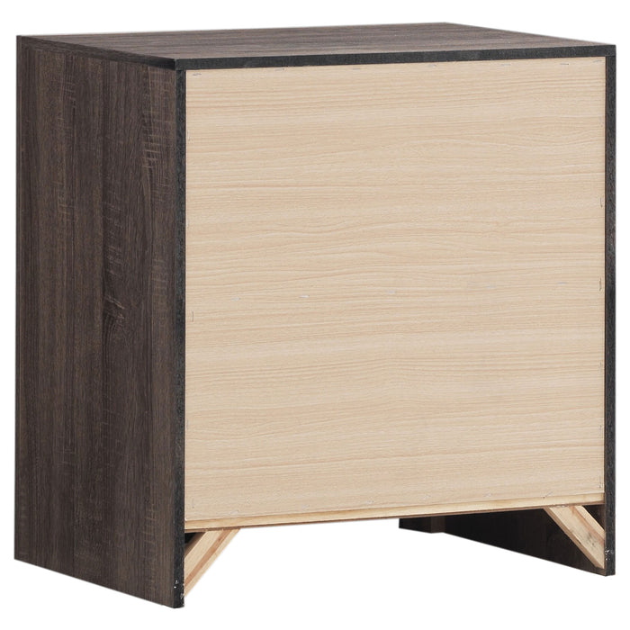 Eastern King bedroom set in Barrel Oak by CoasterEveryday, includes bed frame, nightstands, dresser, and mirror in a wood finish.