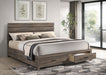 Eastern King storage panel bed in barrel oak finish, showcasing CoasterEveryday Brantford Wood furniture with clean lines and storage drawers.