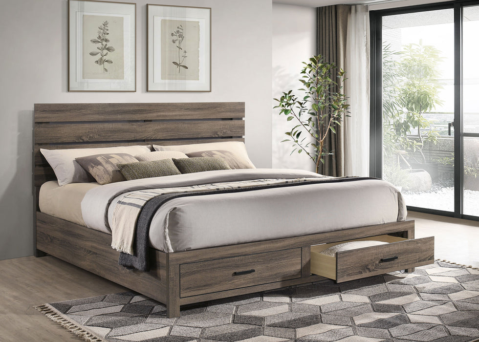 Eastern King Storage Panel Bed in Barrel Oak finish by CoasterEveryday, featuring wood grain detail and classic bed frame design.