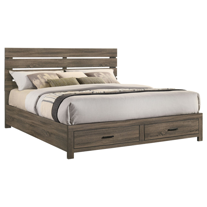 CoasterEveryday Brantford Wood Eastern King Storage Panel Bed in Barrel Oak with storage drawers and panel headboard.