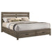 Eastern King storage panel bed in barrel oak finish by CoasterEveryday, showcasing the wood grain and storage drawers.