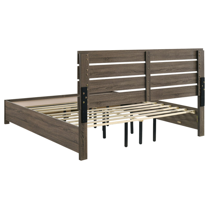 Eastern King storage panel bed in barrel oak finish, CoasterEveryday Brantford Wood furniture with sleek design and storage drawers.