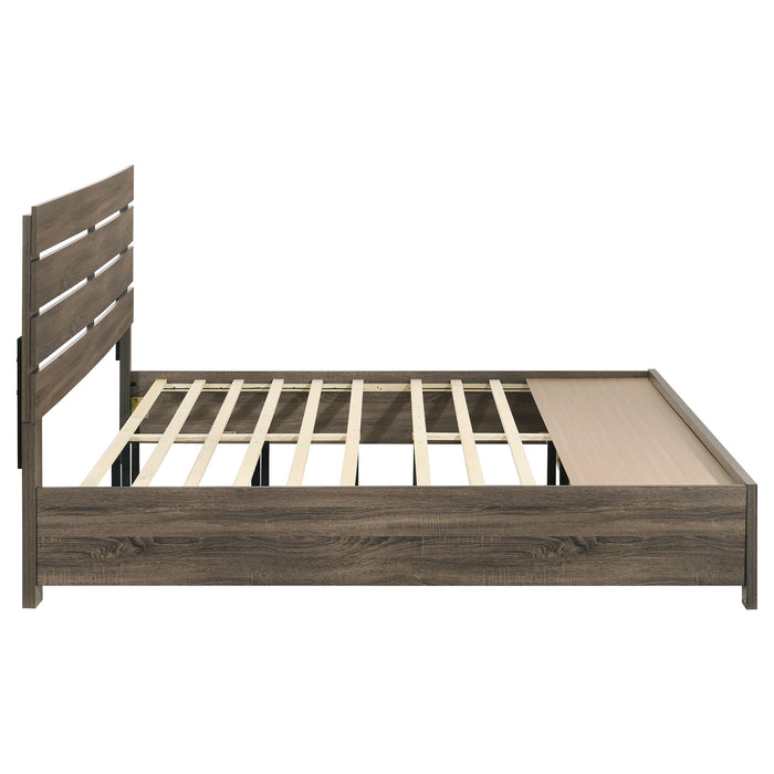 Eastern King storage panel bed in barrel oak finish, sturdy wooden furniture with a classic design from CoasterEveryday.