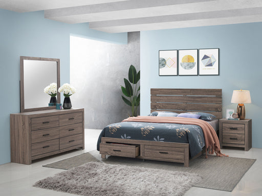 CoasterEveryday Brantford 4-piece Queen bedroom set with barrel oak finish, including bed frame, nightstands, and dresser with modern design.