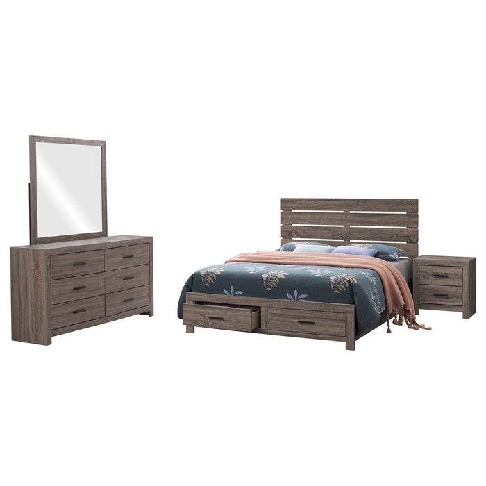 CoasterEveryday Brantford 4-piece Queen Bedroom Set in Barrel Oak with matching bed, dresser, and nightstands.