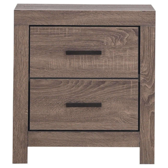 CoasterEveryday Brantford 4-piece Queen bedroom set in barrel oak with a bed frame, two nightstands, and a dresser.
