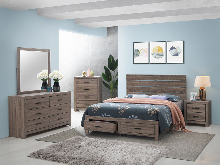 CoasterEveryday Brantford 5-piece Queen bedroom set in Barrel Oak finish with bed frame, dresser, mirror, and two nightstands.