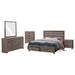 CoasterEveryday Brantford 5-piece Queen bedroom set in Barrel Oak wood with bed frame, dresser, mirror, and nightstands.
