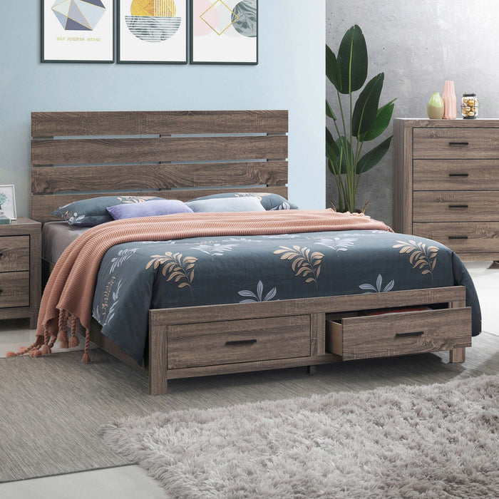 CoasterEveryday Brantford Wood Queen Storage Panel Bed in Barrel Oak with headboard and storage drawers, natural wood finish.
