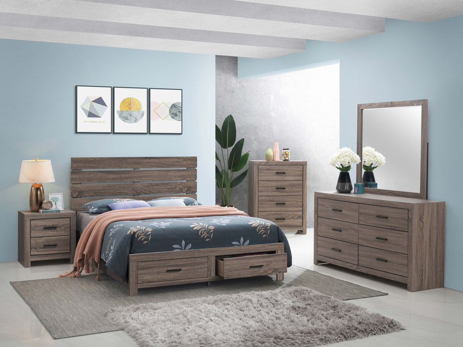 Wood queen storage panel bed in barrel oak finish, featuring a classic design with ample storage drawers, by CoasterEveryday.