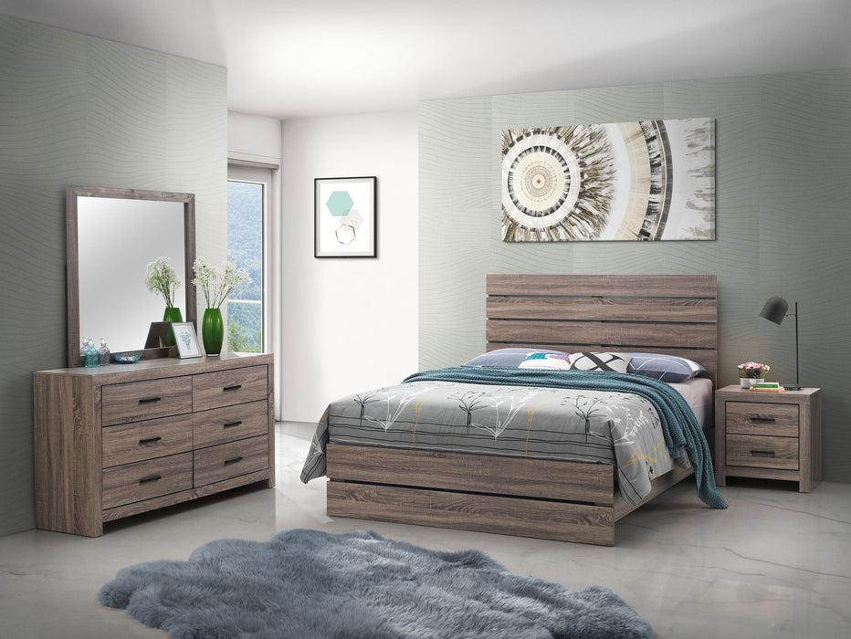 CoasterEveryday Brantford 4-piece Eastern King bedroom set in Barrel Oak wood with bed frame, dresser, mirror, and nightstands.