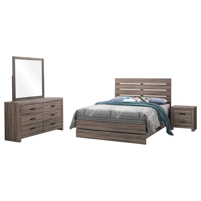 CoasterEveryday Brantford 4-piece Eastern King bedroom set in Barrel Oak with bed frame, nightstands, and dresser.