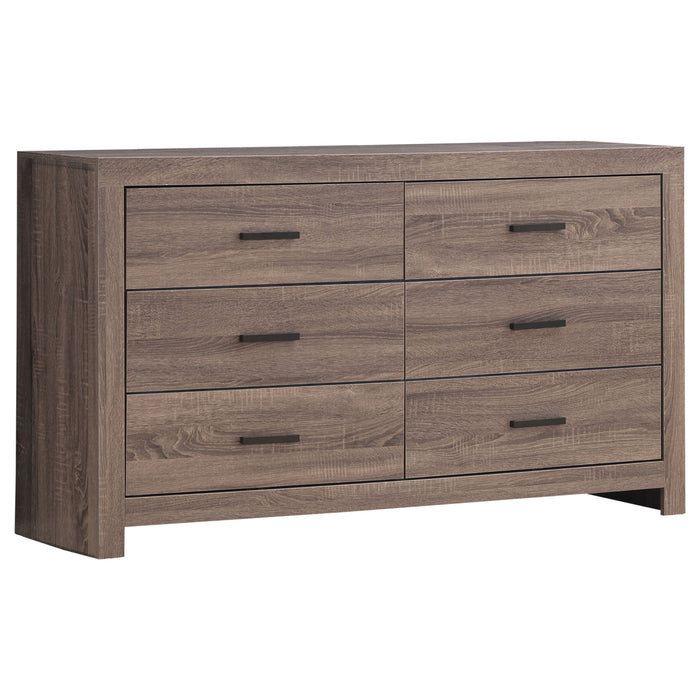 Eastern King bedroom set in barrel oak finish, includes four-piece CoasterEveryday Brantford furniture with bed, dresser, and nightstands.