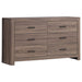 Eastern King bedroom set in barrel oak finish, includes four-piece CoasterEveryday Brantford furniture with bed, dresser, and nightstands.