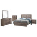 CoasterEveryday Brantford 5-piece Eastern King bedroom set with barrel oak finish, includes bed frame, nightstands, dresser, and mirror.