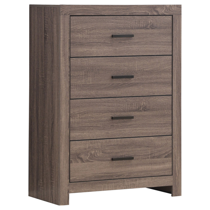 Eastern King bedroom set with barrel oak finish, includes five-piece furniture set with bed, dresser, and nightstands from CoasterEveryday.