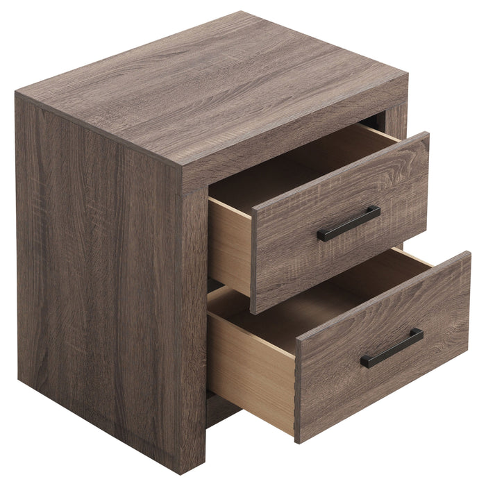 Eastern King bedroom set by CoasterEveryday featuring barrel oak finish, includes five-piece furniture set with bed, nightstands, and dresser