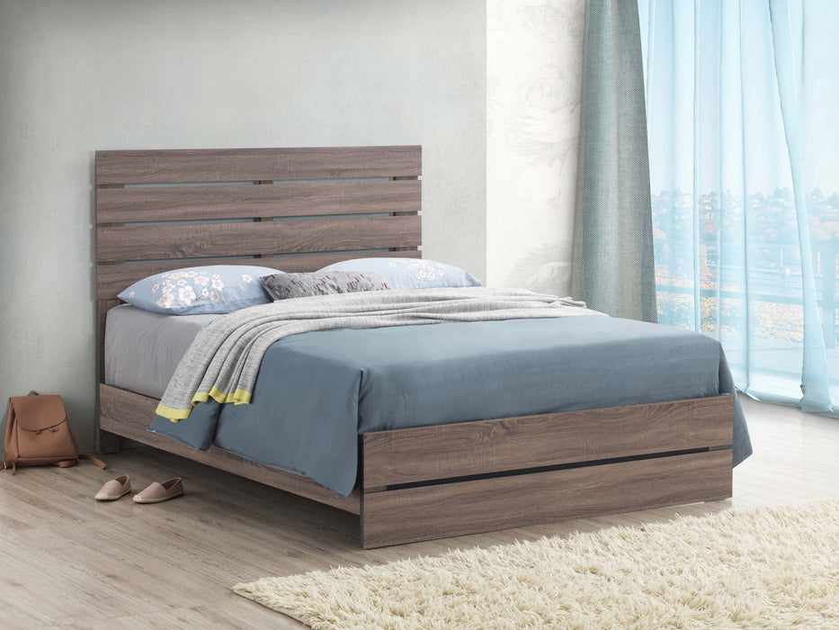 Eastern King Panel Bed in Barrel Oak finish from CoasterEveryday, showcasing the wood grain and classic panel design.