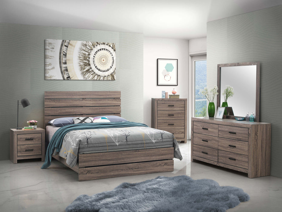 Eastern King panel bed in barrel oak wood, featuring a classic wooden furniture design with a sturdy frame and decorative headboard.