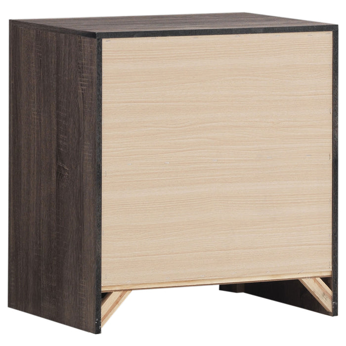 CoasterEveryday Brantford 4-piece Queen Bedroom Set in Barrel Oak with bed frame, dresser, mirror, and nightstands in natural wood finish.