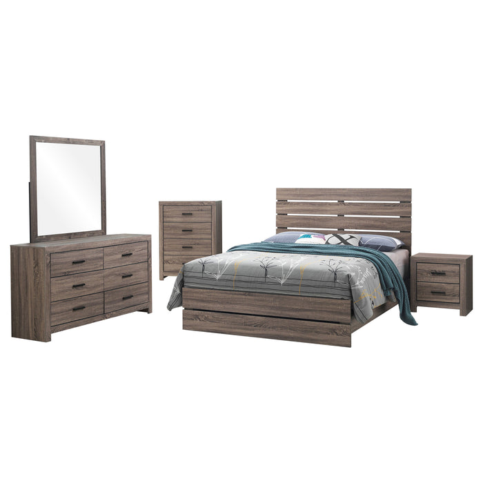 CoasterEveryday Brantford 5-piece Queen bedroom set with barrel oak finish, includes bed frame, nightstands, and dresser.