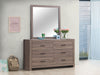 CoasterEveryday Brantford 6-drawer dresser with mirror in barrel oak finish, showing the wooden dresser and attached mirror.