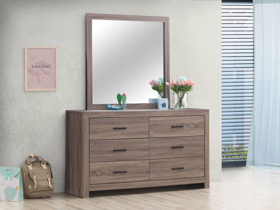 Barrel Oak Brantford 6-drawer dresser with attached mirror, showcasing sleek furniture design in natural wood finish.