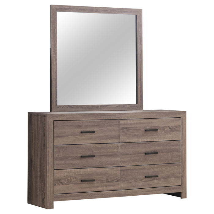 Barrel Oak Brantford 6-drawer dresser with attached mirror, showcasing sleek furniture design and wooden finish.