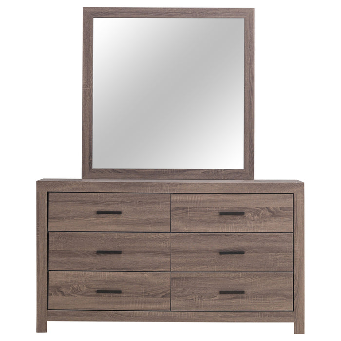Barrel Oak Brantford 6-drawer dresser with attached mirror, modern furniture piece with sleek wood finish and stylish design.