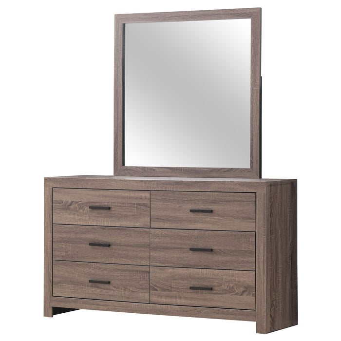 CoasterEveryday Brantford 6-drawer dresser with mirror in barrel oak wood finish, showing the dresser and attached mirror.
