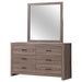 Barrel Oak Brantford 6-drawer dresser with mirror, modern wooden furniture piece by CoasterEveryday, showcasing drawers and mirror.