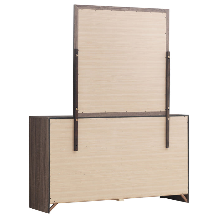Barrel oak Brantford 6-drawer dresser with mirror, showcasing modern furniture design and spacious storage.